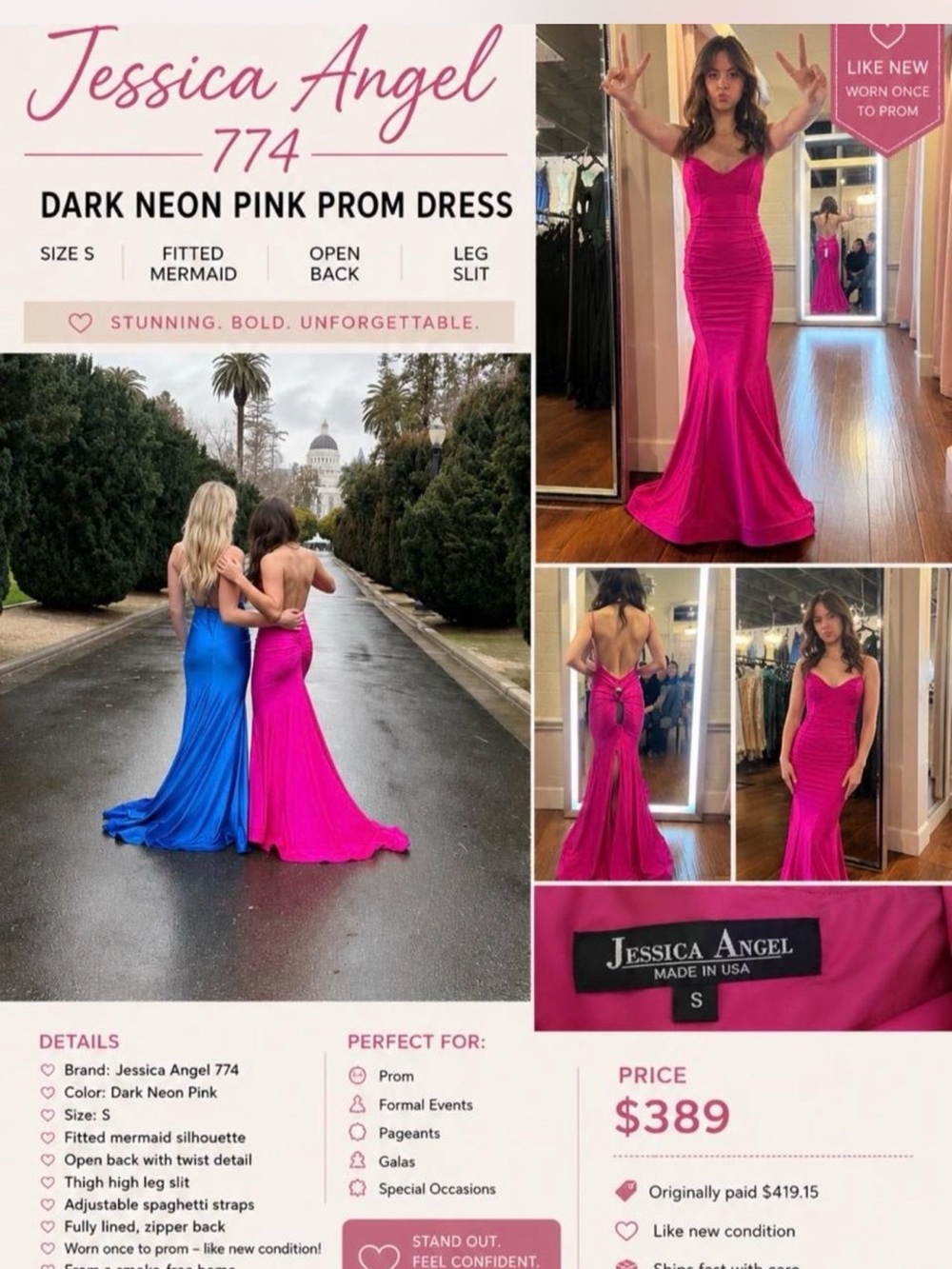 Jessica Angel Dark Neon Pink Fitted Mermaid Prom Dress